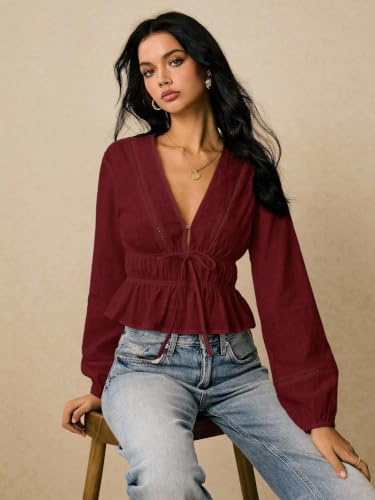 Image of Shasmi Women's Solid Deep V Neck Cotton Long Bishop Sleeve Drawstring Waist Ruffle Hem Peplum Top | Blouse | Casual Boho Cottagecore Shirt for Office, Vacation & Daily (Top 304)
