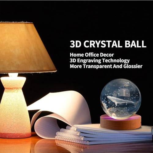 Image of 3D Crystal Ball LED Night Lamp with Wooden Base | Warm Light Bedside Table Lamp for Bedroom, Living Room, Kids Room, Study, Home Decoration & Gifting (Whale)