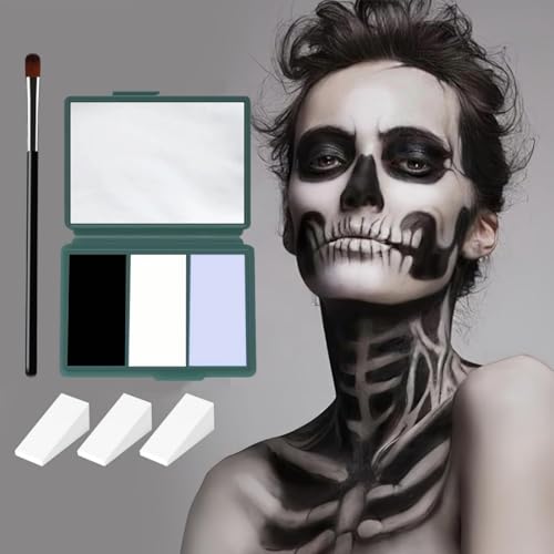Halloween Skeleton Makeup Complete Skeleton/Skull Makeup Kit Face Paint SFX Character Set With 1 Brush&3 Sponges for Clown Art Cosplay Party White+Black+Blue