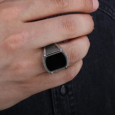 Solid 925 Sterling Silver Flat Onyx Stone Men Ring