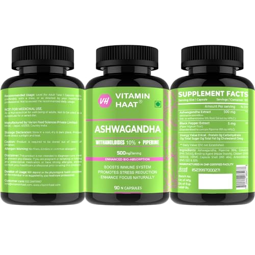 Image of Ashwagandha Supplements 90 Capsule| Organic Ashwagandha Powder Supplement for Men & Women | Supports Stress Management & Muscle Recovery Withanolides 10%, Piperine Bio Enhanced Formula by VitaminHaat