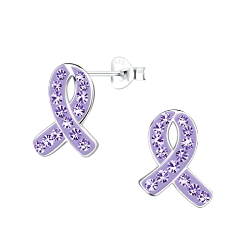 ICYROSE 925 solid sterling silver with Crystal Awareness Ribbon Stud Earrings for cancer/Survivor/Support Jewelry (Nickel Free)