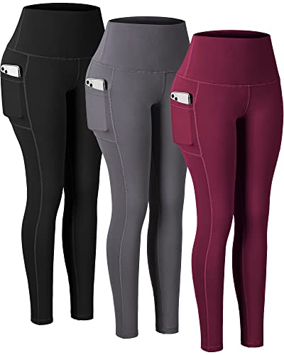 CHRLEISURE Leggings with Pockets for Women High Waisted Tummy Control Workout Yoga Pants(3Packs Black Gray Wine S)