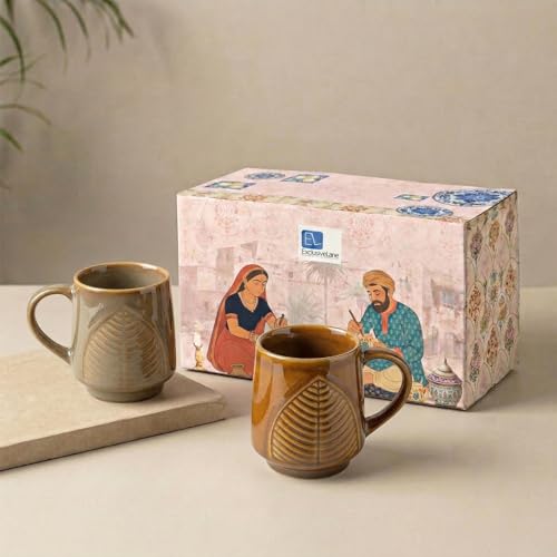 Image of ExclusiveLane 'Leaf & Lines' Ceramic Coffee Mugs Set of 2 (300 ml, in Gift Box, Microwave and Dishwasher Safe, Hand-Embossed) | Ceramic Coffee Mug Coffee Cup Tea Mugs Set Tea Cups Ceramic Mugs