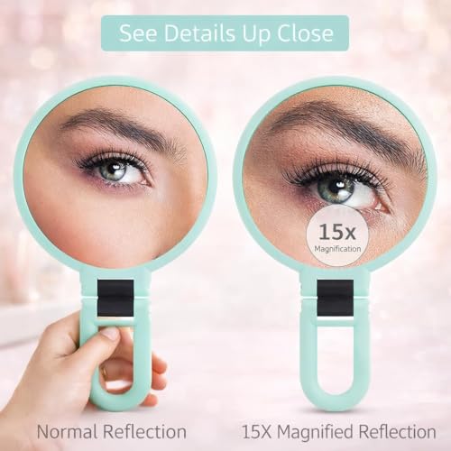 Image of 15X Magnification Double-Sided Folding Handheld Makeup Mirror, 1X /15X, Round, Portable Travel Mirror, 23x13.5x2 cm (Blue)