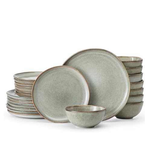 KINGSTONE Stoneware Dinnerware Sets, 24-Piece Reactive Glaze Porcelain Plates and Bowls Sets for 8, Handcrafted Rustic Ceramic Dishes Set, Highly Scratch Resistant, Dishwasher & Microwave Safe, Grey