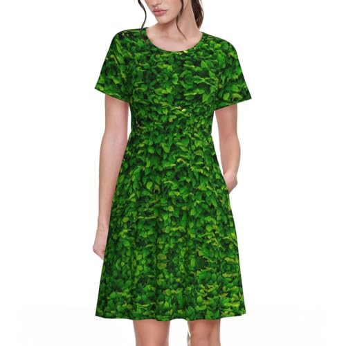 Robe à manches courtes et col rond imprimé végétal pour femme