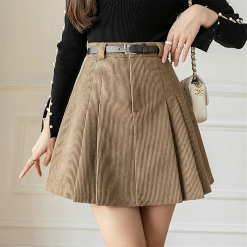 Women's Corduroy High Waist Pleated Mini Skirt Retro Slim A-Line Winter Skirt with Adjustable Belt2