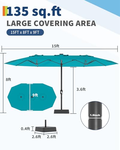 Large Patio Umbrella with Base Included, Double-Sided Rectangle Market Umbrella with Cross Base and Sandbag for Pool Lawn Garden (Misty Blue, 15FT)