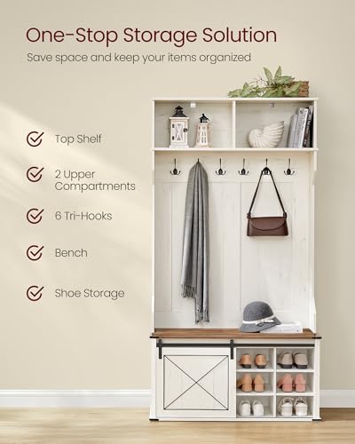 Image of VASAGLE Hall Tree with Bench and Shoe Storage, Coat Rack with Shoe Bench, Entryway Furniture, 6 Tri-Hooks, Sliding Door, Farmhouse Style, Space Saving, Rustic White and Honey Brown UHSR442W01V1