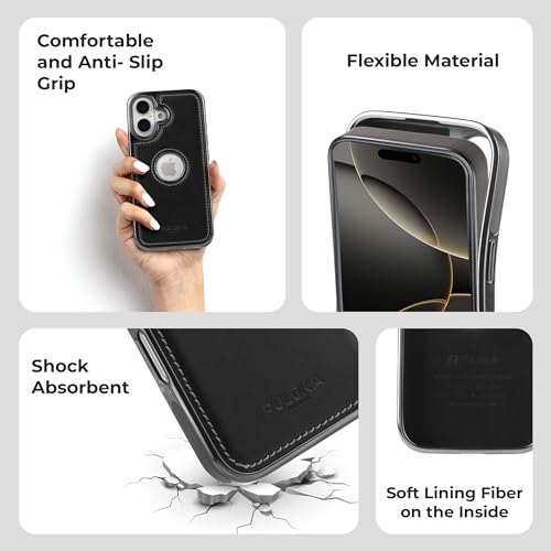 Image of PULOKA Chrome Leather Back Case - Compatible with iPhone 16 - Luxury Bumper Case - Flexible Vegan Leather - Electroplated Sides & Logocut - Full Camera Protetection & Raised Edges - Black