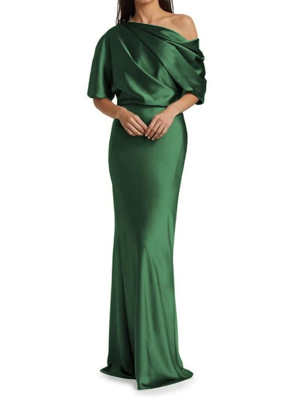 Image of Mermaid Satin Mother of The Bride Dresses for Women Ruched One Shoulder Formal Evening Gowns