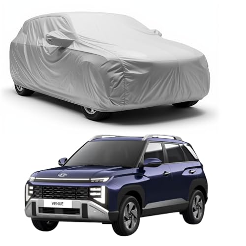 Image of Car Body Cover Compatible with Hyundai Venue 2026-2025 | Waterproof Heavy Duty Car Body Cover + Sun Protection + Triple Stitched + Mirror Pocket (Silver)