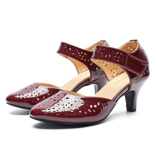 Image of Women's Comfortable Mary Jane Pumps Vintage Cutout Closed Toe Kitten Heels for Dressy Office Work
