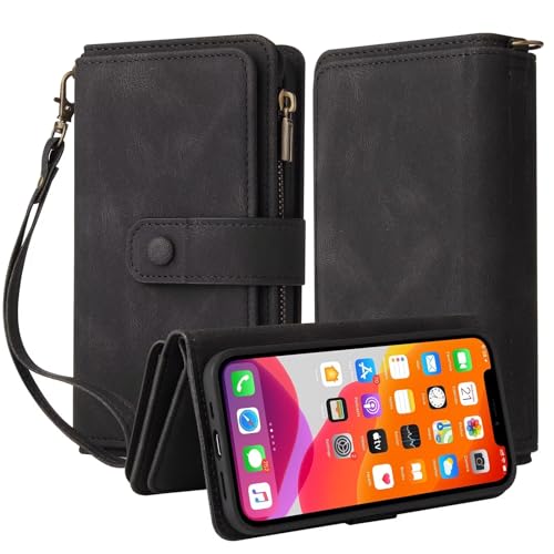 Étui de protection iPhone 13 Mini en cuir rétro noir premium avec stand