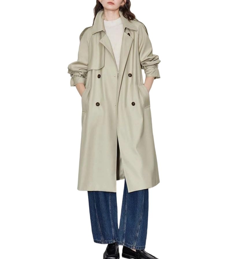 Womens Casual Long Trench Coat Wide-Waisted Double Breasted Button Down Solid Overcoat For Autumn Outerwear