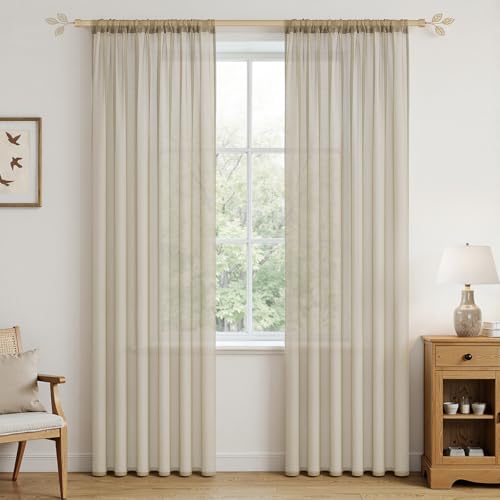 MRTREES Rideau Beige à Passer sur Tringle 140X200cm (LxH) Lot de 2 Rideaux Transparent Intérieurs intérieurs Voilage Beige Idéal pour Salon, Chambre,...