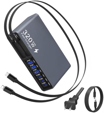 X-Star 320W 8-Port Retractable USB C Charger Block Charging Station,Upgraded GaN3.0 PD 100W Desktop Laptop Chargers,Fast Multiple USB Charging Hub for MacBook Pro/Air,iPad,Galaxy, iPhone17/16/15 etc