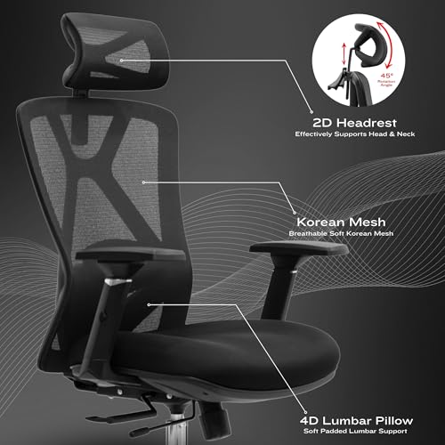 Image of Savvy Ergonomic Office Chair for Work | Multi-Lock Synchro Tilt Mechanism | 3 Year Warranty | 2D Armrest | Adjustable Lumbar | Black (Prejudice, Black - 3D arms, Seat Slider)
