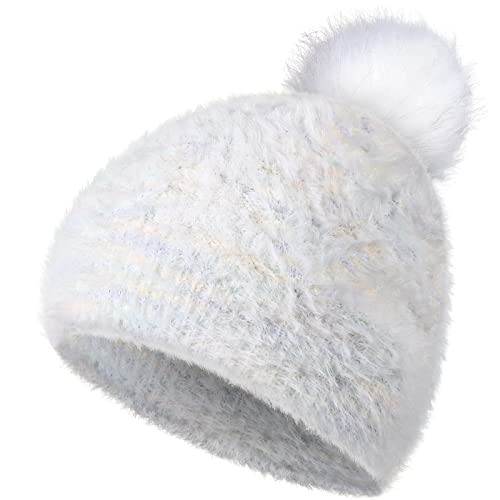 Achiou Winter Women Pom Pom Beanie Hat, Girls Warm Faux Fur Pompom Knit Ski Hat, Thick Soft Fuzzy Skull Cap Fleece Lined