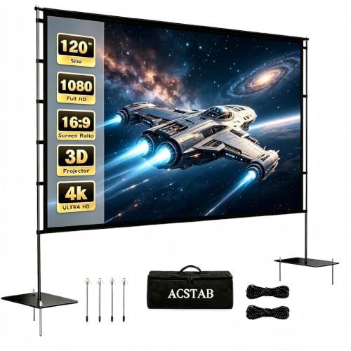 Image of ACSTAB Outdoor Projector Screen with Stand - 120 Inch Portable Projector Screen Outdoor Indoor Projection Screens 16:9 4K HD Movie Screens with Carry Bag Can Enjoy Home Theater Projection Screens