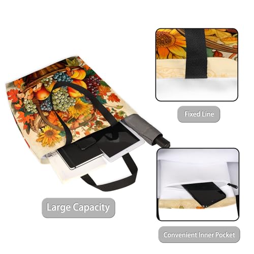 Fruit Basket Apples Grapes Sunflowers Large Capacity Canvas Tote Bag Stylish Handheld Shoulder Bag Reusable Shopping Bag for Work Travel Beach Trips Shopping2