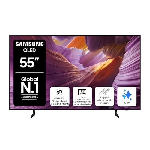 Samsung OLED 4K Vision AI Smart TV 55'' QE55S85FAUXZT, NQ4 AI Gen2 Processor, 4K AI Upscaling, Glare Free, Dolby Atmos & OTS Lite, Contour Design, PACCHETTO INTRATTENIMENTO, 2025
