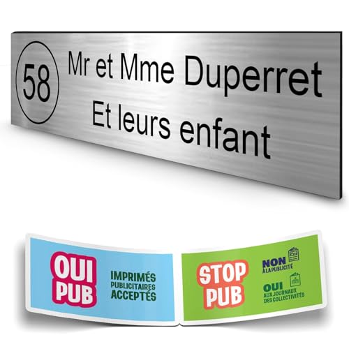 DECOHO - Plaque boite aux lettres personnalisée adhésive - plastique 1,6 mm argent lettres noires - 100x25 mm 2 lignes + stickers Stop Pu - Argent