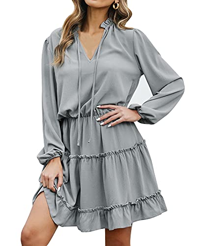 Eledobby Mujer Vestido con Volantes Tie Cuello en V Manga Larga Ladies Túnica Vestidos Cortos Elegante Casual Primavera Otoño Ropa para Cóctel Borgoña Gris L Cover