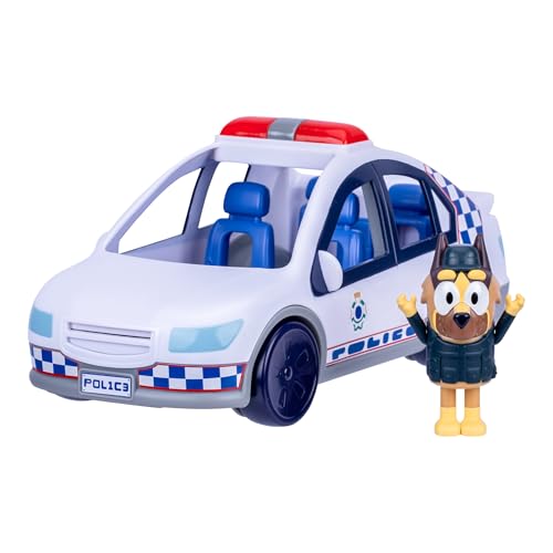 Bluey Police Car, Vehicle from The Special Episode The Sign. Includes Police Car with Flashing Lights & Sounds, Policeman Figure, and Themed Sticker Set. Batteries Included.
