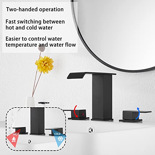 Waterfall Widespread Black Bathroom Faucet GGStudy 3 Holes 2-Handles Matte Black Modern Bathroom Sink Faucets with Drain Assembly by GGStudy - Image 3