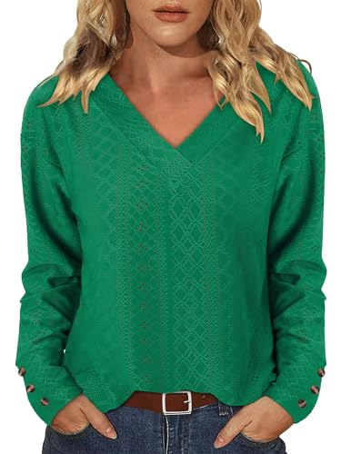 KISSMODA Long Sleeve Fall Shirts For Women V Neck Tunic Tops Embroidered Button Down Knitted Blouses 2025