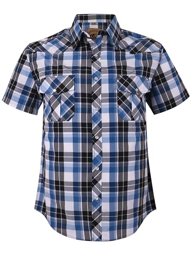 Image of COEVALS CLUB Mens Shirts Short Sleeve Casual Push Button Plaid Suit Regular Fit Western Cowboy Pearl Snap Two Pockets Work Derss Button Up Shirts (Blue & Black #17 L)