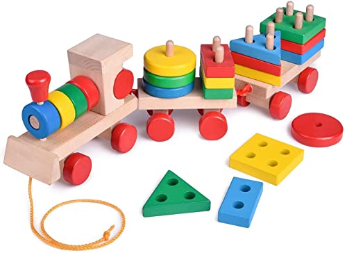 Tiny Toys 15.5 Inches Wooden Train Toddler Toys, 4 Shape Sorter and Stacking Wooden Toys, Puzzle Toys for 1 2 3 Year Old Boys Girls, Preschool Educational Toys(Shape Train)