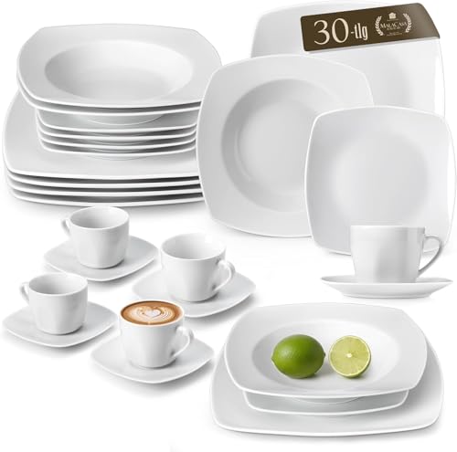 MALACASA Vajillas Completas Modernas Porcelana, 30 Piezas para 6 Personas con 6 Platos llanos, 6 Platos de Postre, 6 Platos hondos, 6 Taza de Café y 6 Platillo, Blanco, Serie JULIA