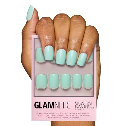 Glamnetic Press On Nails - Soft Teal | Short Squoval Light Blue Fake Nails with Glossy Finish, Salon Quality | 15 Sizes - 30 Nail Kit with Glue