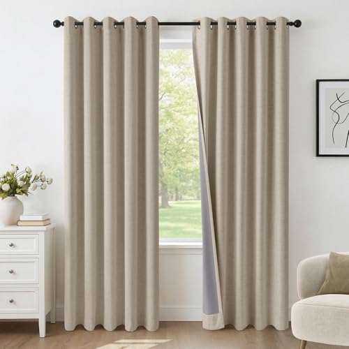 INOVADAY 100% Rideau Occultant Thermique Isolant Anti Froid et Chaleur 2 Panneaux 140x260 CM, Rideau Opaque Effet Lin à Oeillets Lumiere Anti-UV pour Salon et Chambre