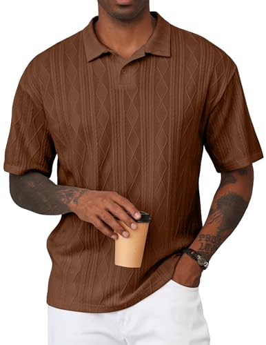 JMIERR Men's Fashion Cable Knit Polo Shirt Short Sleeve Lightweight Textured Sweater Tee for Spring Summer, XL, Chocolate Brown