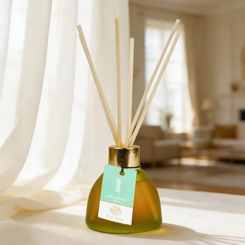 Image of Ekam Frosted Glass 60ml Jasmine Reed Diffuser Set | Free 6 Fiber Reed Sticks | Stress Relief & Aromatherapy | Long-Lasting Home Fragrance (Up to 60 Days) | Air Freshener for Room, Bedroom & Bathroom
