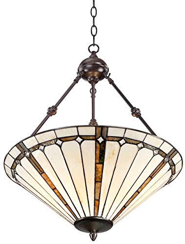 Robert Louis Tiffany Bronze Tiffany Style Pendant Chandelier 20" Wide Gold Texture Ivory Stained Glass 3-Light Fixture For Dining Room House Foyer Entryway Kitchen Bedroom Living Room High Ceilings #TOP4