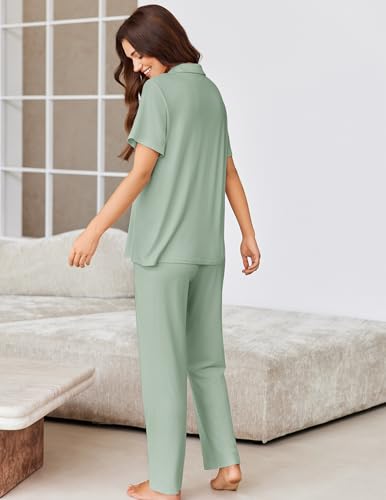 Image of Ekouaer Pajamas for Women Set Button Up Short Sleeve Pjs Sets With Pockets | Soft Womens Sleepwear,V Neck,Notch Collar,2 Piece Classic Loungewear With Long Pant for Sleep,Lounge,Fall