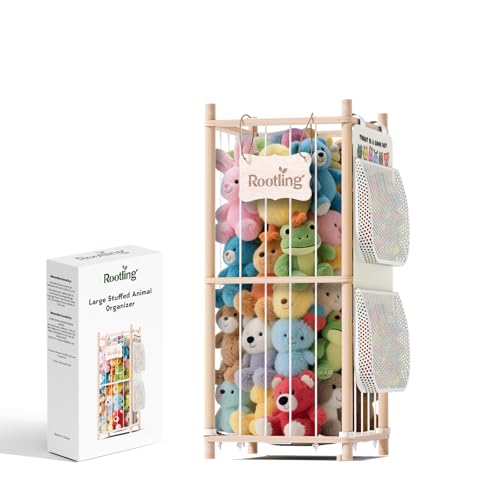 Rootling Stuffed Animal Storage & Organizer, 54 inch Tall Wooden Cute Zoo Toy Holder w/Building Block Storage Bag, Premium Wooden Material with Elastic Cord for Toddler Rooms, Playrooms (Small)
