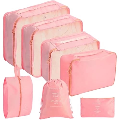 Image of Sprqcart Polyester 7 Set Travel Organizer Bag 3 Packing Cubes + Pouches 1 Toiletry (Pink20 Cm, Cm)