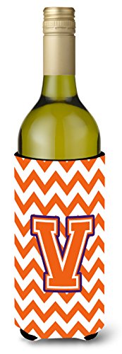 Caroline's Treasures CJ1062-VLITERK Letter V Chevron Orange and Regalia Wine Bottle Hugger Bottle Cooler Sleeve Hugger Machine Washable Collapsible Insulator Beverage Insulated Holder