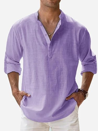 Chemise homme manches longues casual violette en coton et lin pour vos terrasses d'été