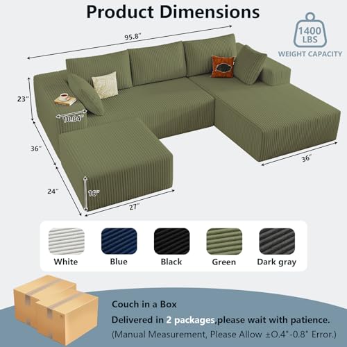 Image of 96 inch Boneless Cloud Sectional Couch Modular Sofa with Ottoman | Modern U-Shaped Couches, Comfy Corduroy Memory Foam Sofas with Oversized Chaise for Living Room (Green,Right-Facing Chaise)