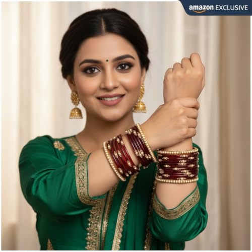 Image of SUNDRAM Women's Premium Fancy Glass Bangles for Women & Girls |with Zircon Gemstone Work & Charm| Traditional Ethnic Bangles Set of 12