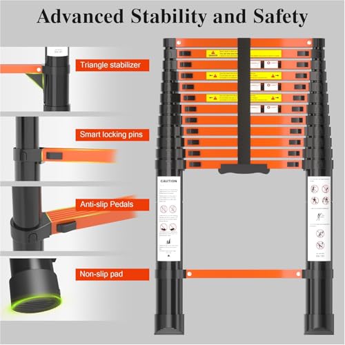 Image of DIAMONDFORGE 12.5 FT Telescopic Aluminum Extension Ladder, Collapsible & Retractable, Adjustable for House, Roof, RV & Travel Trailers, 330 lbs Capacity