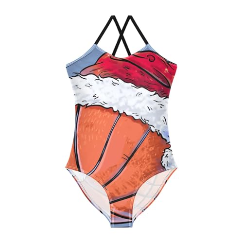 CHIFIGNO Basketball Santa Hat Girls Swimsuit One Piece, Spaghetti Straps, Cross Back Design, Ages 3T
