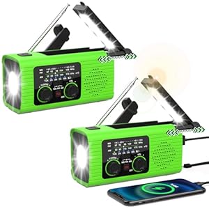 Emergency Radio, Multifunction Solar Charger Hand Crank NOAA Weather AM/FM Radio 4000mAh with USB Charged, Reading Lamp, Flashlight, SOS Alarm, Headphone Jack for Emergencies, 2 Pack